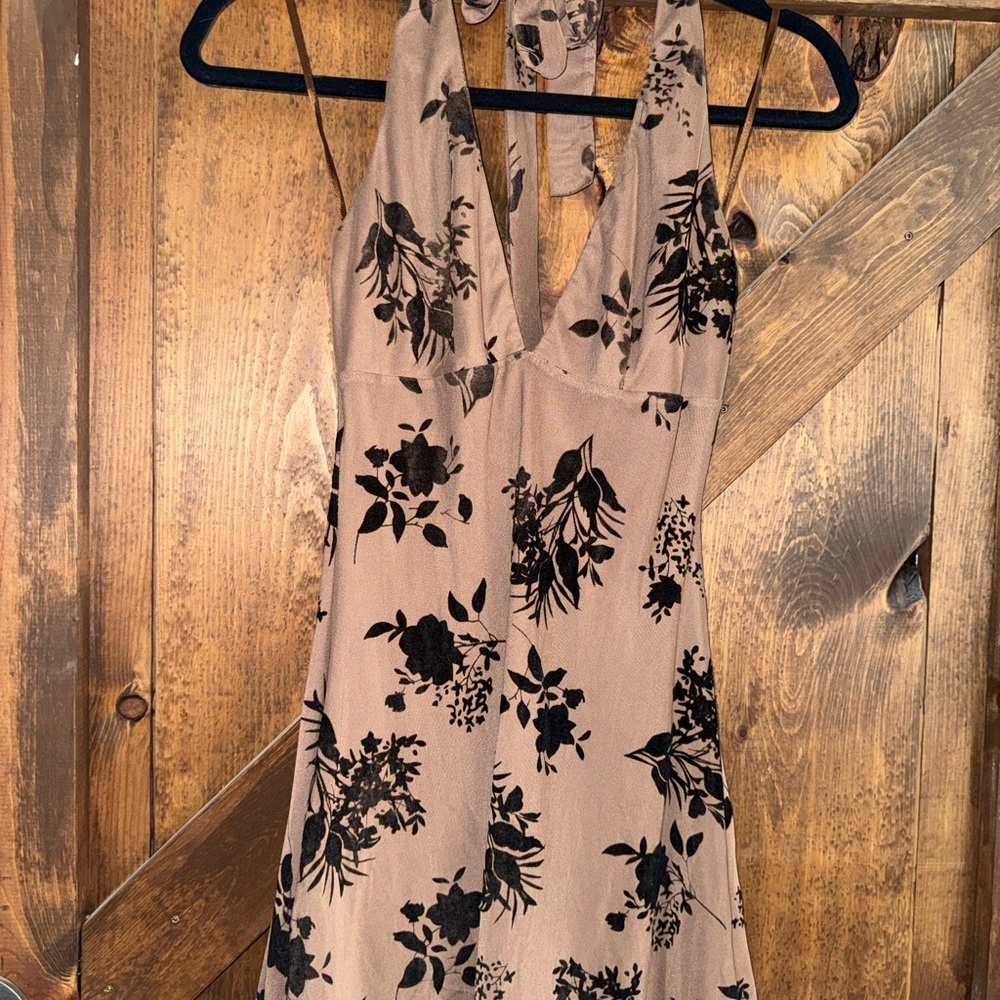 Windsor Taupe Halter Mini Dress with Black Floral Print